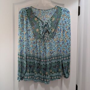 SHEIN Blue & Green Floral Tie-Neck Peasant Blouse